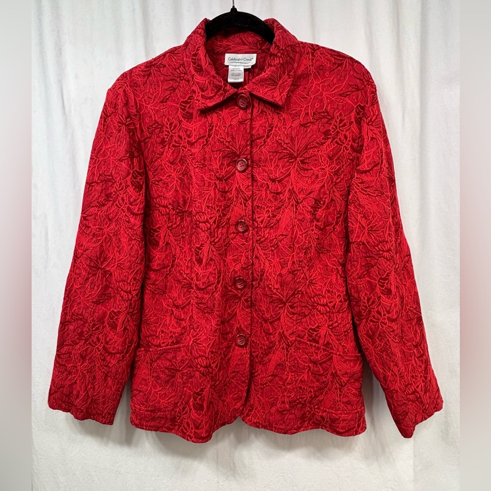 Coldwater Creek Jacket Medium Red Valentines Day Floral Blazer Button Front